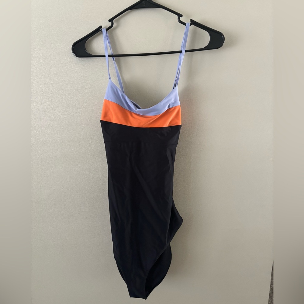 Prana Black and Orange Swimsuit with Light Purple Straps